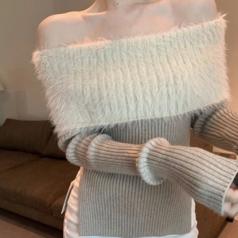 Autumn and Winter New Women's Long-sleeved Fleece Shoulder-knitted Sweater Sexy Casual Slim-fit Knitted Top