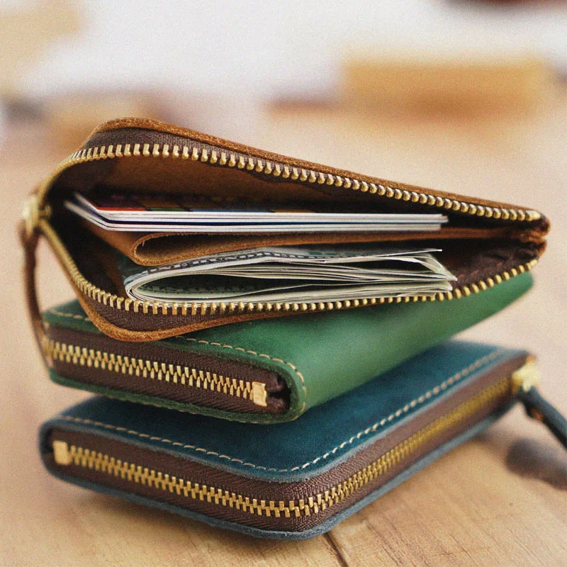 Simple Card Holder Handmade Leather Short Retro Crazy Horse Leather Zipper Wallet Top Layer Cowhide Wallet Card Holder