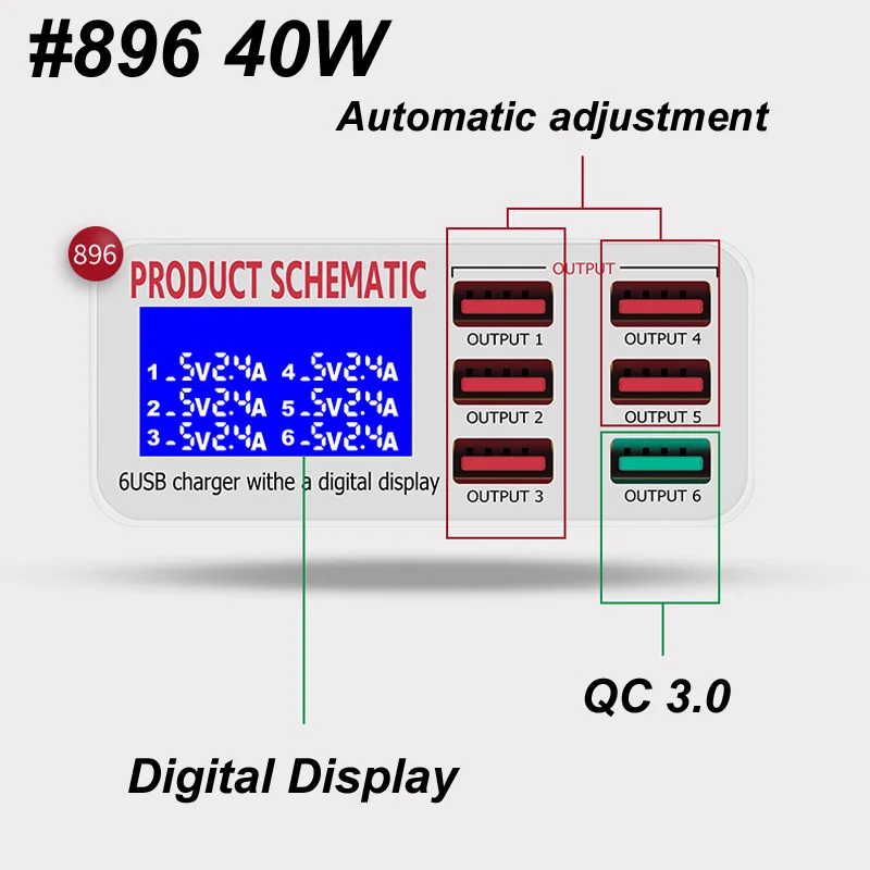 6 porty digitální LCD displej LED lehký 5V 8A 40W USB postit se QC 3.0 nabíječka nabíjení ploše stánek pro chytrá tablet PC mobilní telefon