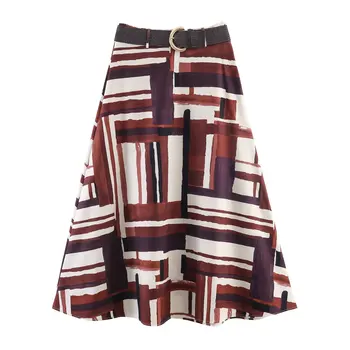 Elegante Gonna Midi a Trapezio con Cintura, Nuovo Stile Primavera 2026 Transoceanic da Donna, in Poliestere con Stampa a Pannelli, Moda per il Lavoro