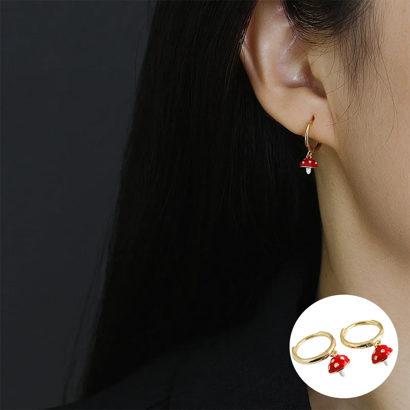 

100% 925 Sterling Silver Gold Plant Earrings for Women Girl Fashion Mushroom Drop Glaze Jewelry Birthday Gift Dropshipping