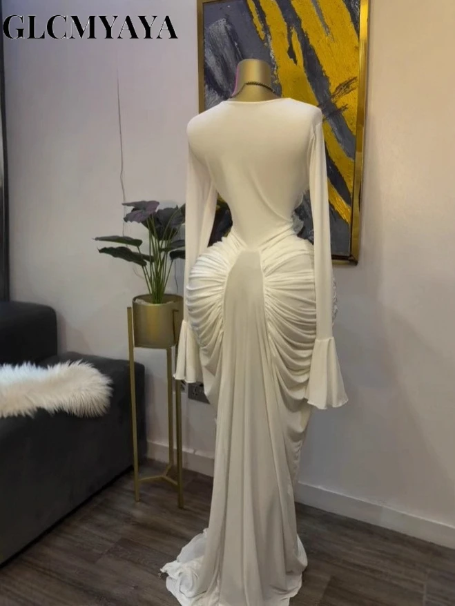 CM.YAYA Women Skew Neck Flare Long Sleeve Ruched Stacked Maxi Long Dress Fall Birthday Evening Sexy Party Dresses with Scarf 3