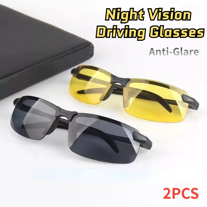 Nachtsichtbrille für Herren, blendfrei, Halbrahmen, polarisierte Sonnenbrille für Fahrer, UV400, 2 Stück, Tag- und Nachtbrille_voghion.com