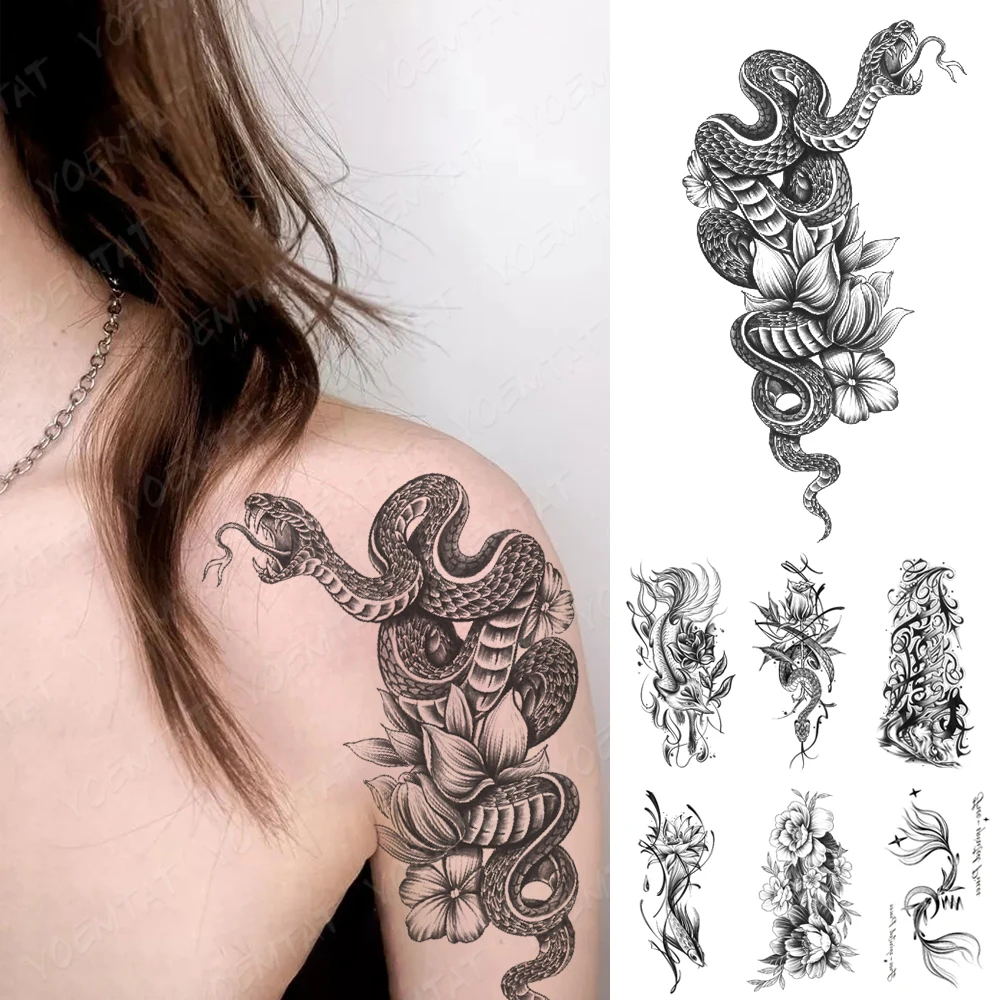 Waterproof Temporary Tattoo Sticker Black Snake Dragon Totem Flower Leaf Cool Things Women Men Arm Body Art Fake Sleeve Tattoos