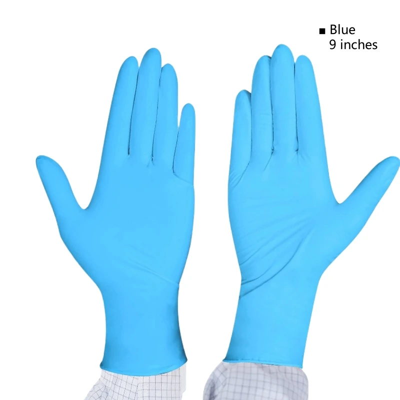 Lot de 100 gants nitrile jetables bleus, 9 et 12 pouces, empilés sur fond blanc.