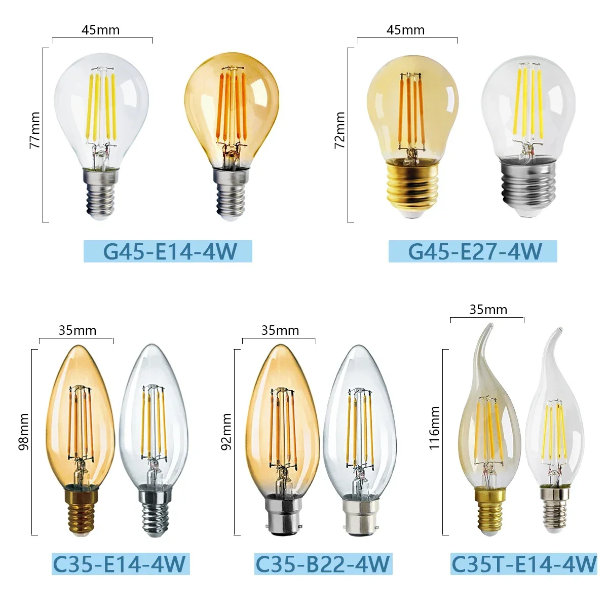 4pcs 에디슨 필라멘트 전구 E27 B22 E14 레트로 Led 빛 C35 A60 ST64 AC220-240V 빈티지 따뜻한 유리 램프 조명 실내 생활