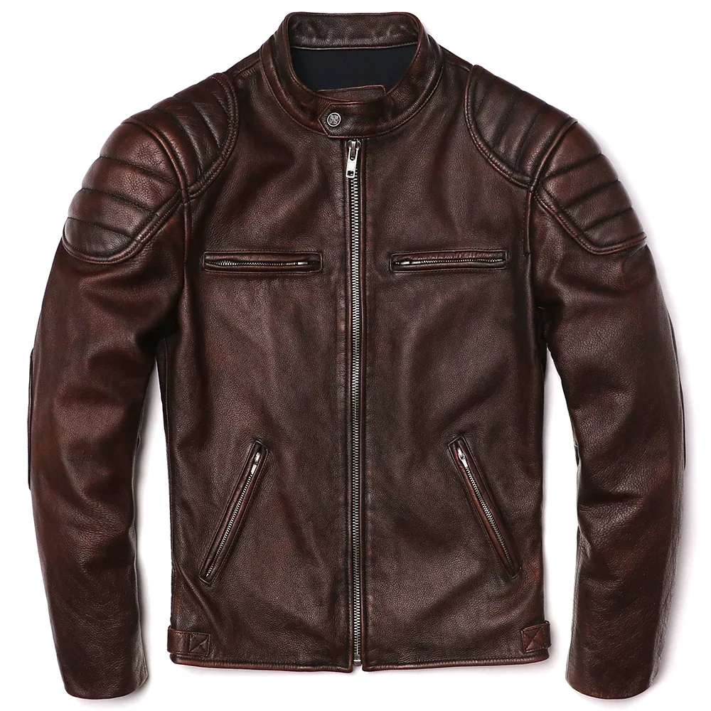 Genuine Leather Motorcycle Jacket - Vintage Brown Cowhide Biker Coat for Men