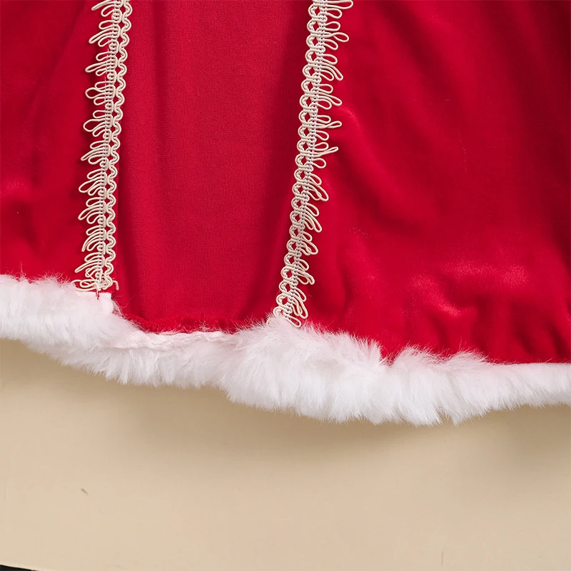 Girls Christmas Red Velvet Cloak Contrast Color Fuzzy Trim Hooded Cape Cosplay Costume 1-6T Pudcoco