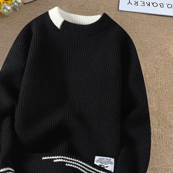 Men Retro Color Collision Twist Sweater Loose Fit Round Neck Knit Jumper Pullover Autumn Winter Casual 4 Colors Knitted Sweaters 5