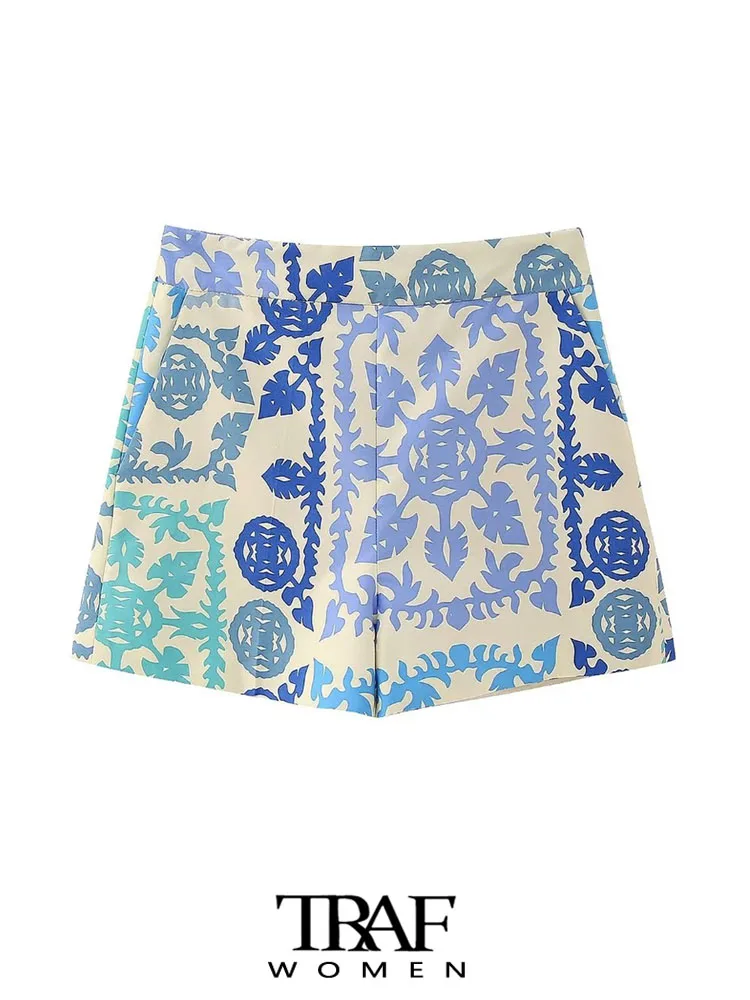 

TRAF Women Fashion Side Pockets Printed Shorts Vintage High Waist Side Zipper Female Short Pants Mujer