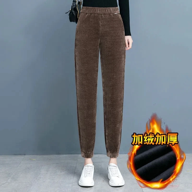 Plush Thick Casaul Pants Women Solid Elastic Waist Pocket Corduroy Harem Pant Snow Wear Fleece Lined Retro Mom Winter Trousers