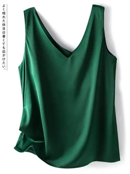 Woman T-shirts Elegant SILK Satin Blouse Sleeveless Female Summer Casual Loose Tanks and Camis Solid Green Tops for Women 1