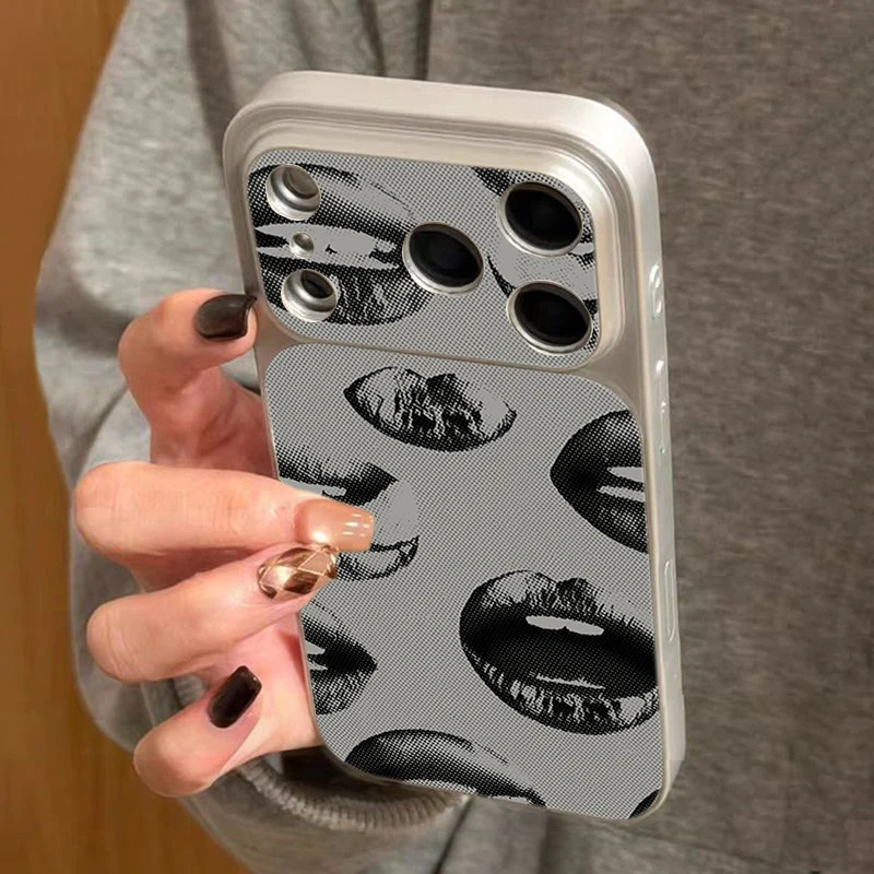 Black Lip Pattern Shockproof Phone Case with Faux Leather Trim