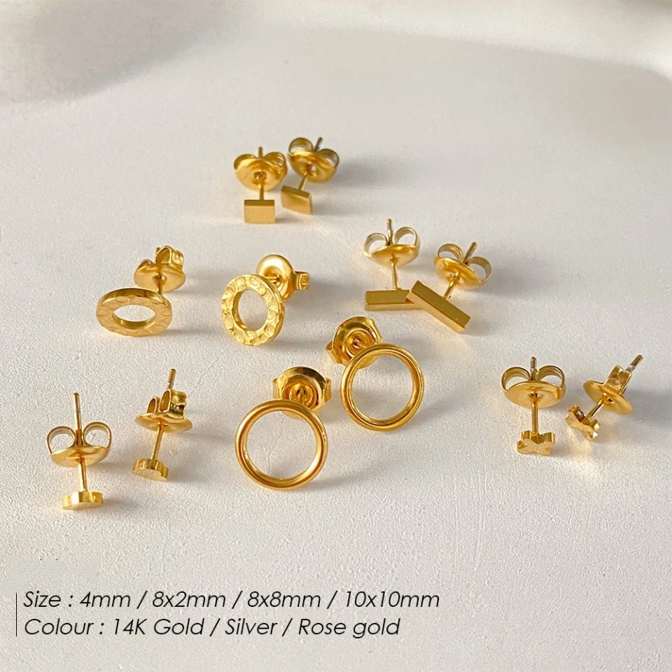 Hiraeva Edelstahl-Mix-Form-Ohrstecker für Damen, zarte, minimalistische Ohrstecker in Kreis-, Quadrat- und Stabform, Knorpelohrringe – Detail 2