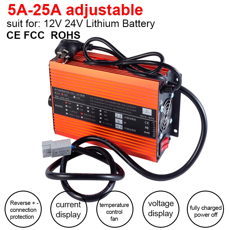 

12V 24V 16.8V 25.2V Li-ion 14.6V 29.2V Lifepo4 Lithium Battery Charger Adjustable 5A 10A 15A 20A 25A Fast Charge 3S 4S 6S 7S 8S