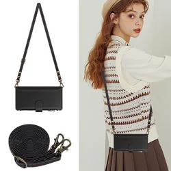 Elegant PU Leather Crossbody Wallet with Zipper and Wrist Strap - iPhone 15 (Black Long Strap)