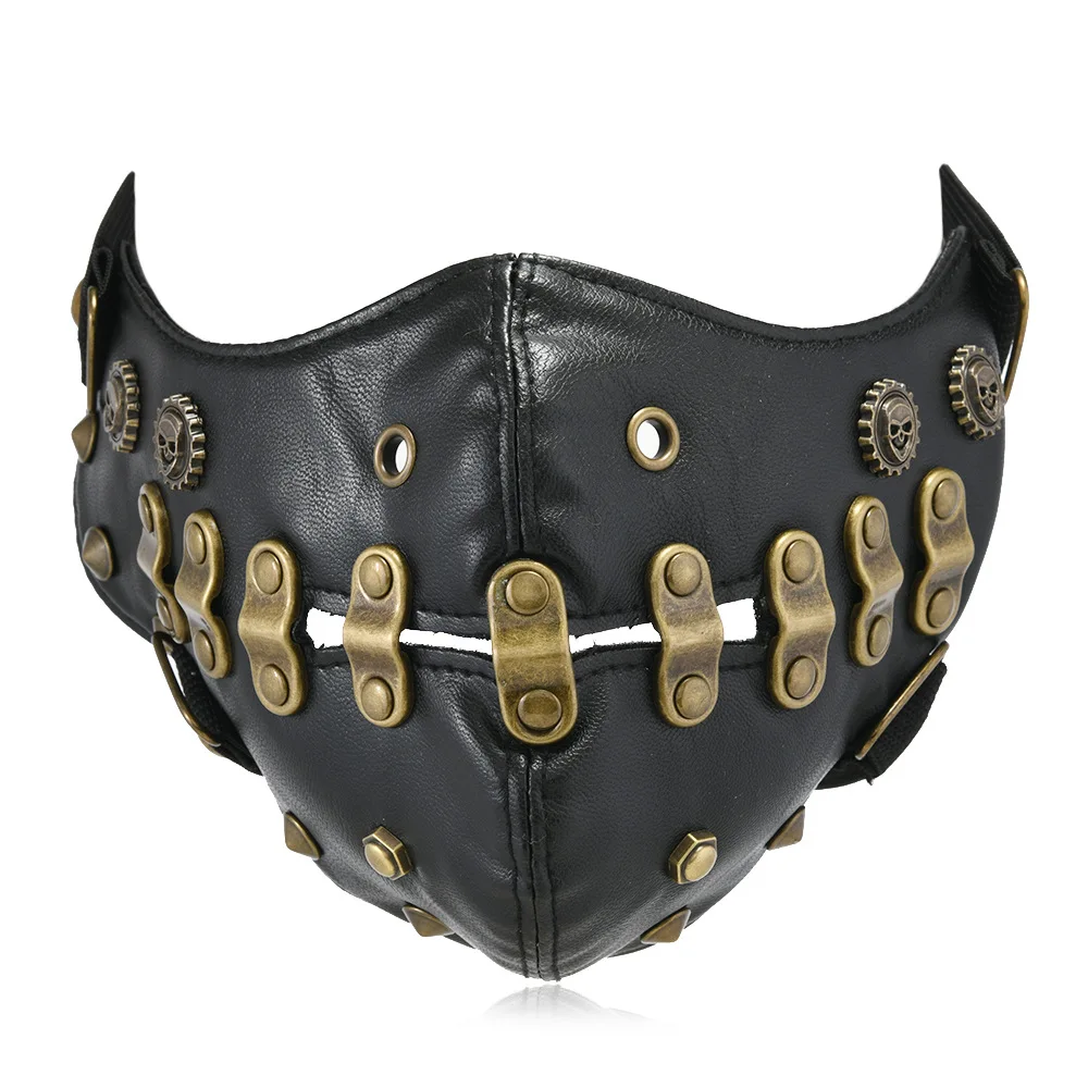 Men Women's Black PU Leather Rivet Rock Mask Lady's Breathable Party Cosplay Halloween Mouth-muffle R1578