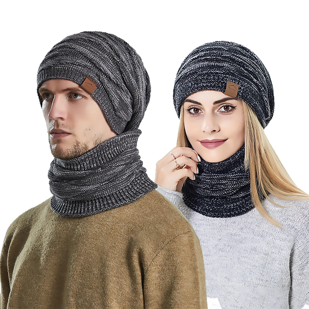 Men's Winter Keep Warm Beanie Scarf Set Women Fleece Lining Woolen Yarn Hat Knit Neck Gaiter Solid Color Unisex Design winter hat winter accessories knitted hat scarf set