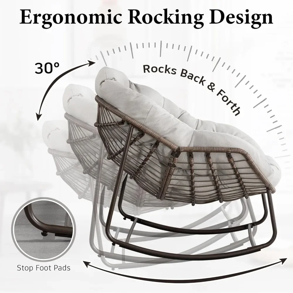 Oversized Rocking Papasan Chair with Thick Cushion and Frame Outdoor Rocker, Comfy Wicker Egg Chairs Lounge for Backyard Balcony 4