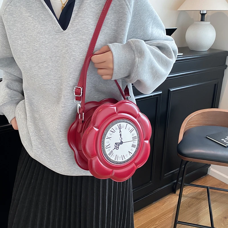 Kreative Umhängetasche für Damen, runde Uhrform, Umhängetasche, Retro-PU-Leder, Designer-Handy-Geldbörse für süße Mädchen und kleine Handtasche – Detail 5
