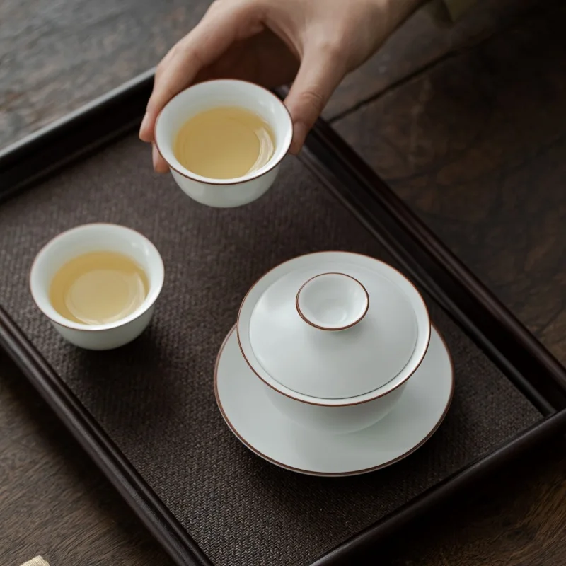 Matte Finish Fat White Gaiwan Ceramic Teacup with Hollow Base Chinese Kungfu Tea Making Cup Water Chestnut Cover Bowl