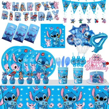Decoración de fiesta de cumpleaños de Stitch de Disney, vajilla, globo, taza, plato, pancarta, telón de fondo, suministros para fiestas temáticas de Lilo y Stitch, favores