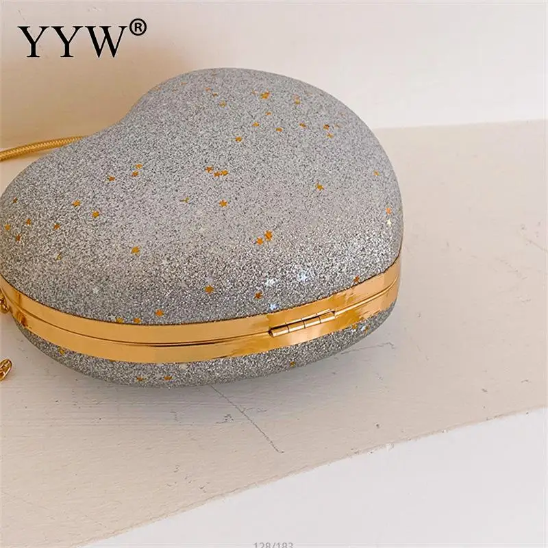 Multi Color Love Heart Shape Women Clutch Purse Glitter Sequins Shiny Diamond Metal Top Handle Handbag Crossbody Chain Lady Bag