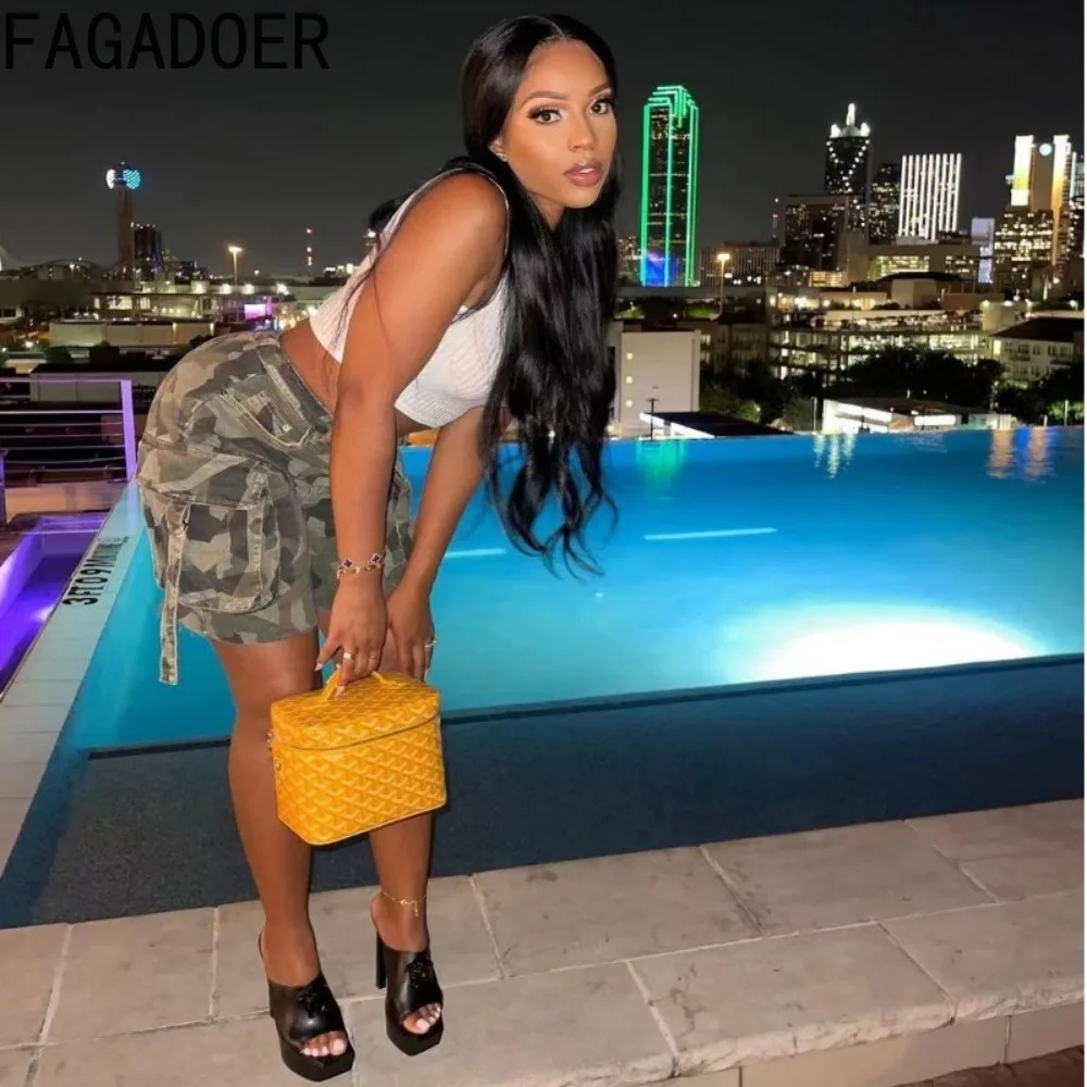 FAGADOER Summer Camouflage Printing Pocket Cargo Shorts Women High Waisted Button Straight Shorts Casual Female Sporty Bottoms