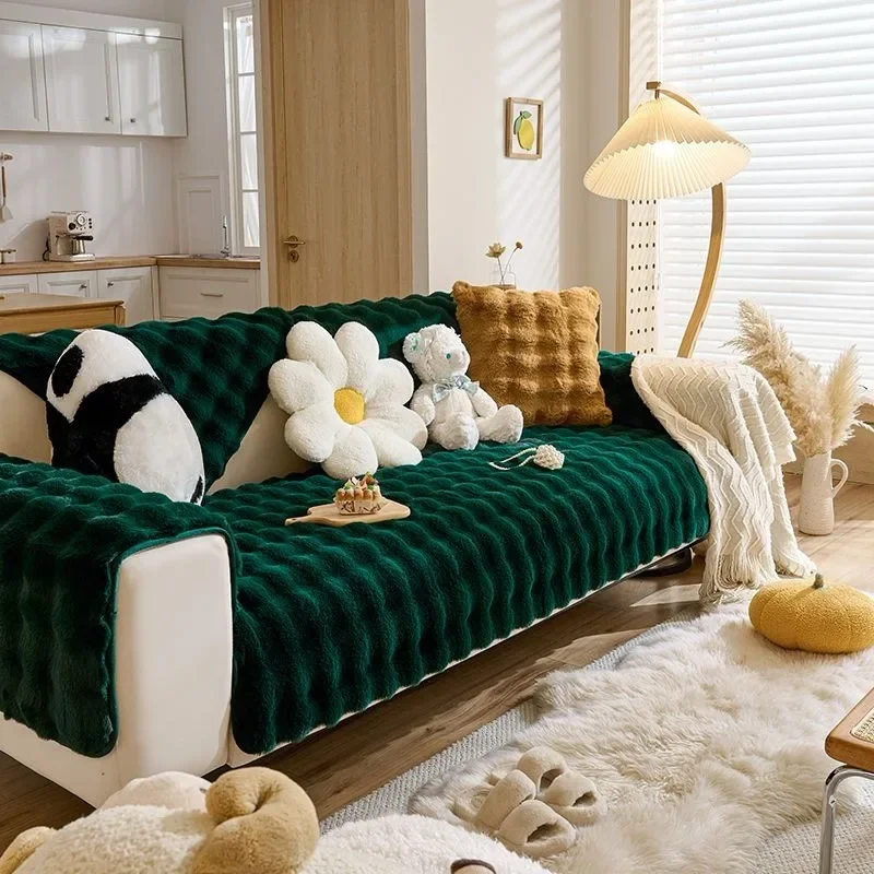 High Quality Rabbit Plush Sofa Cushion Precision Fabric Winter High-end Plush Cover Thickened Warm Anti Slip Seat L Sofa Towel 2