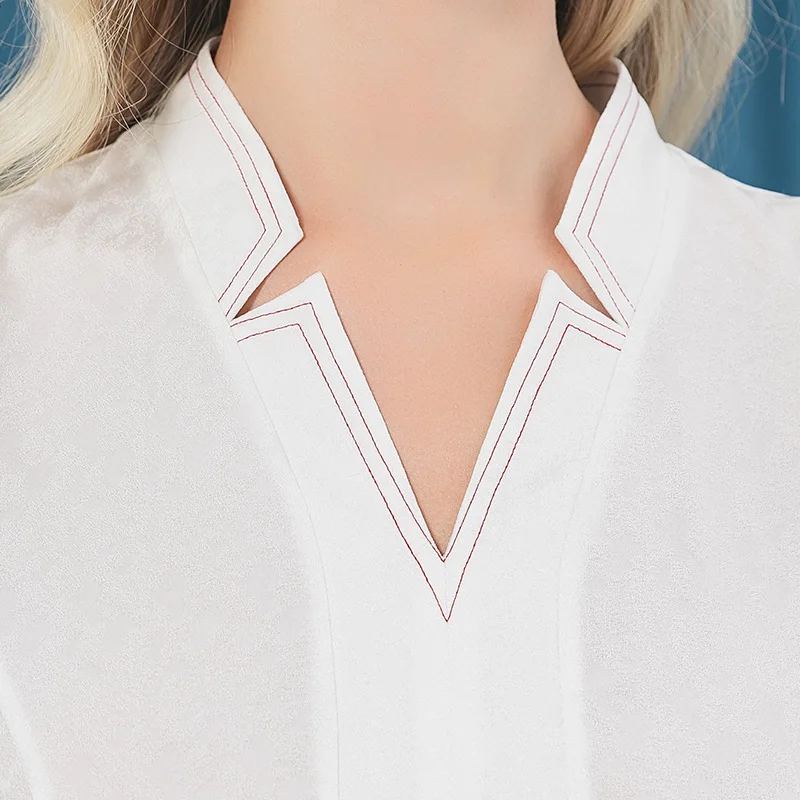 (Clearance Sale)VOA Jacquard Silk Office Ladies V-neck White