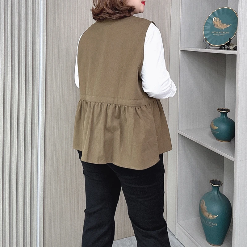 Autumn Plus Size Women's Sleeveless Jacket Fashion Drawstring Waist Waistcoat Female Loose Washed Cotton Vest 2423