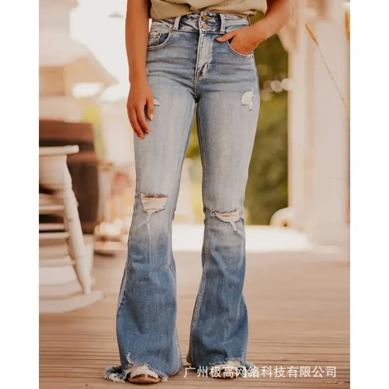 

Vintage Women Ripped Hole Flare Jeans Elegant Y2K Button High Waist Straight Denim Pants Boyfriend Pants for Women Streetwear