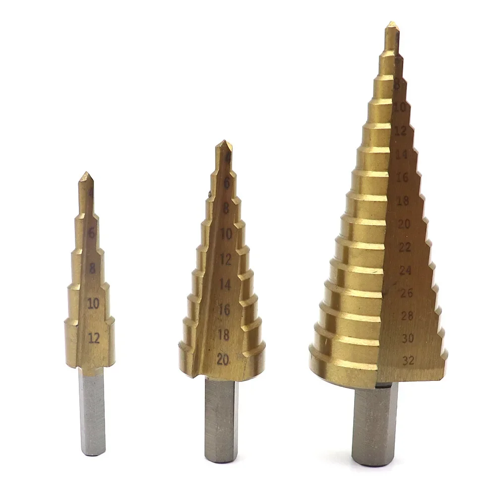 

3Pcs Metric Spiral Flute The Pagoda Shape Hole Cutter 4-12/4-20/4-32mm HSS Steel Cone Drill Bit Set Step Sharpening