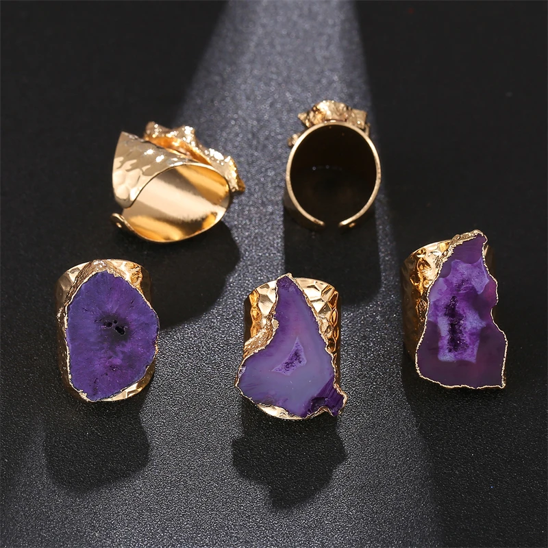 Irregular Geode Stone Agate Slices Wide Open Ring for Women Boho Resizable Finger Jewelry 2