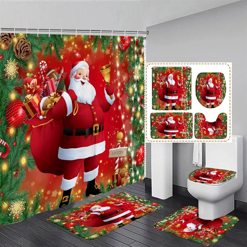 Shower Curtains Christmas Snowman Shower Curtains Red Bird Berry Rabbit Winter Forest Snowflake New Year Home Bathroom Curtain Decor With Hooks
