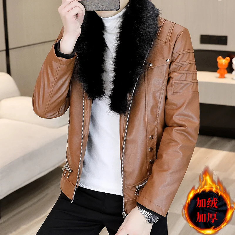 

2023 Winter Leather Jacket for Men Faux Fur Collar Thickened Warm Motorcycle Bomber Jacket slim Casual Social Streetwear PU Coat