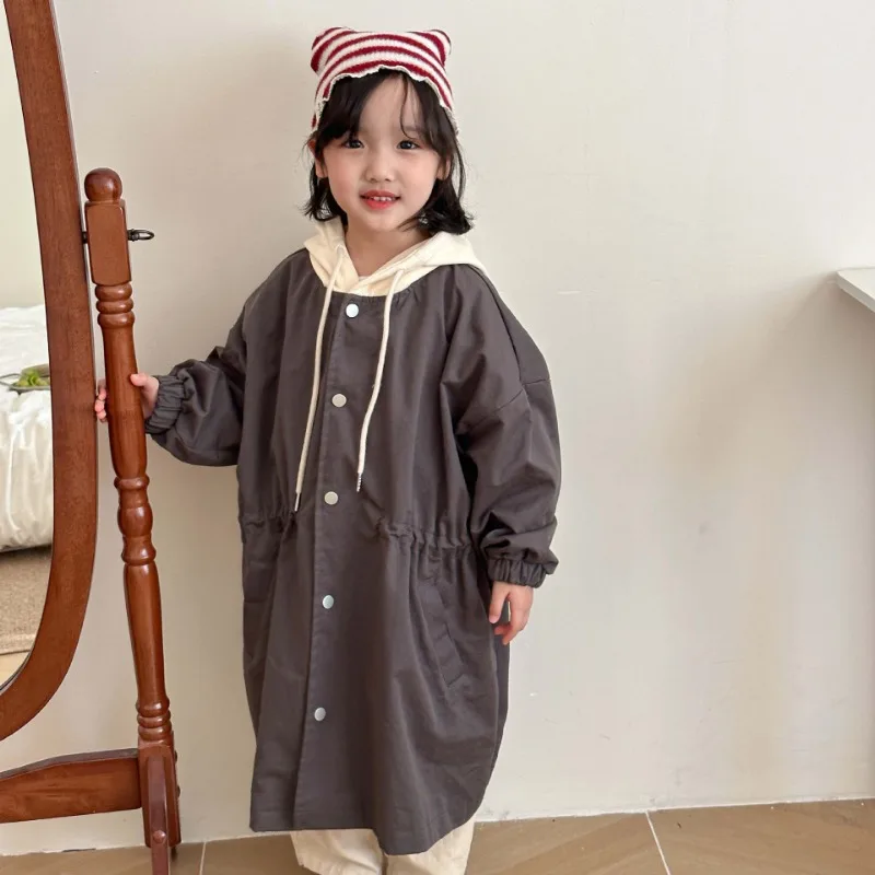 Spring Kids contrast color hooded trench jackets Boys and girls loose casual long style wind jackets