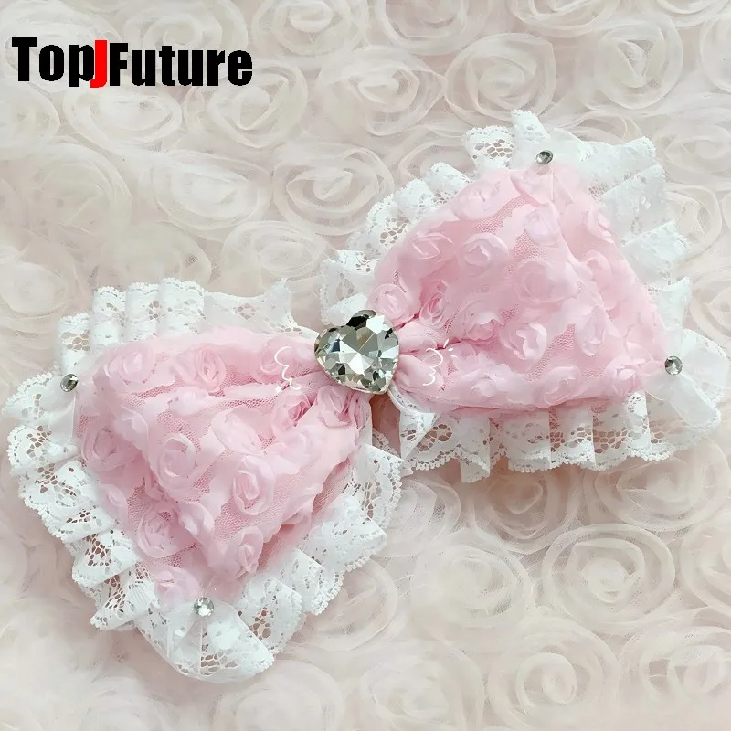 Fermagli per capelli stile Hime Y2K, fiocco in pizzo rosa con volant, accessori per capelli Hime Gyaru, fermagli per capelli da ragazza subculturale, copricapo Lolita - immagine 5