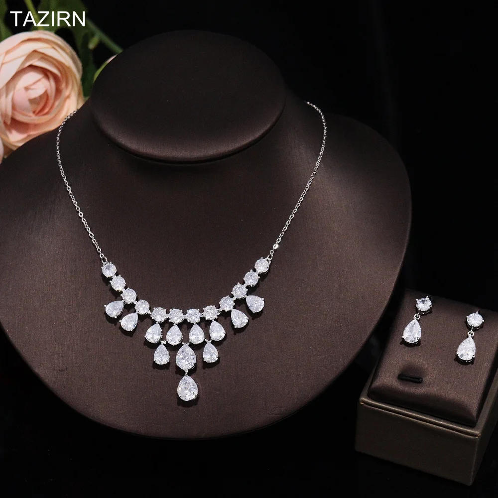 

TAZIRN AAA Cubic Zirconia 2PCS Jewelry Set for Women Necklace and Earrings CZ Crystal Sets for Wedding Bridal Party Prom Jewelry