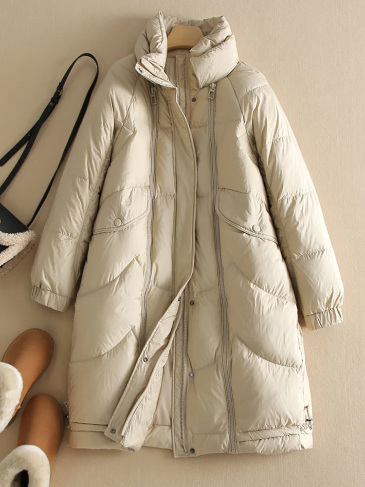 

FTLZZ Winter Women White Duck Down Coat Female Stand Collar Button Zipper Long Jacket Casual Loose Thick Warm Puffer Coat