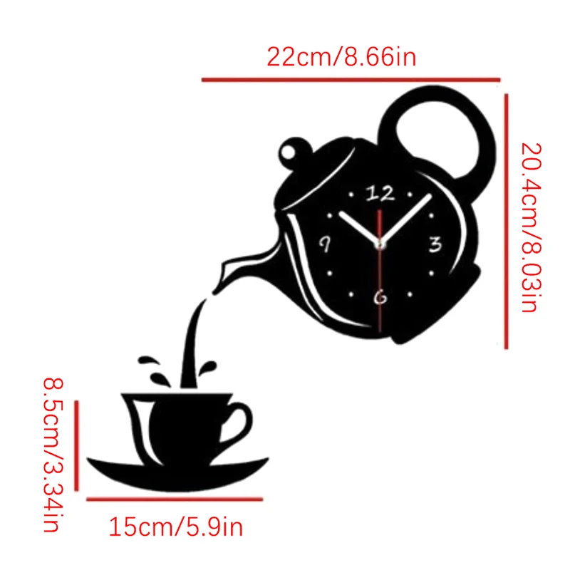 3D DIY Teapot Shape Wall Clock Acrylic Mirror Clock Modern Kitchen Home Decor Wall Sticker Hollow Digital Watch
