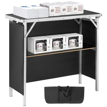 SucceBuy Folding Portable Bar Table Tradeshow Podium Table for Party Picnic Exhibition Include Carrying Case Storage Shelf Skirt 1