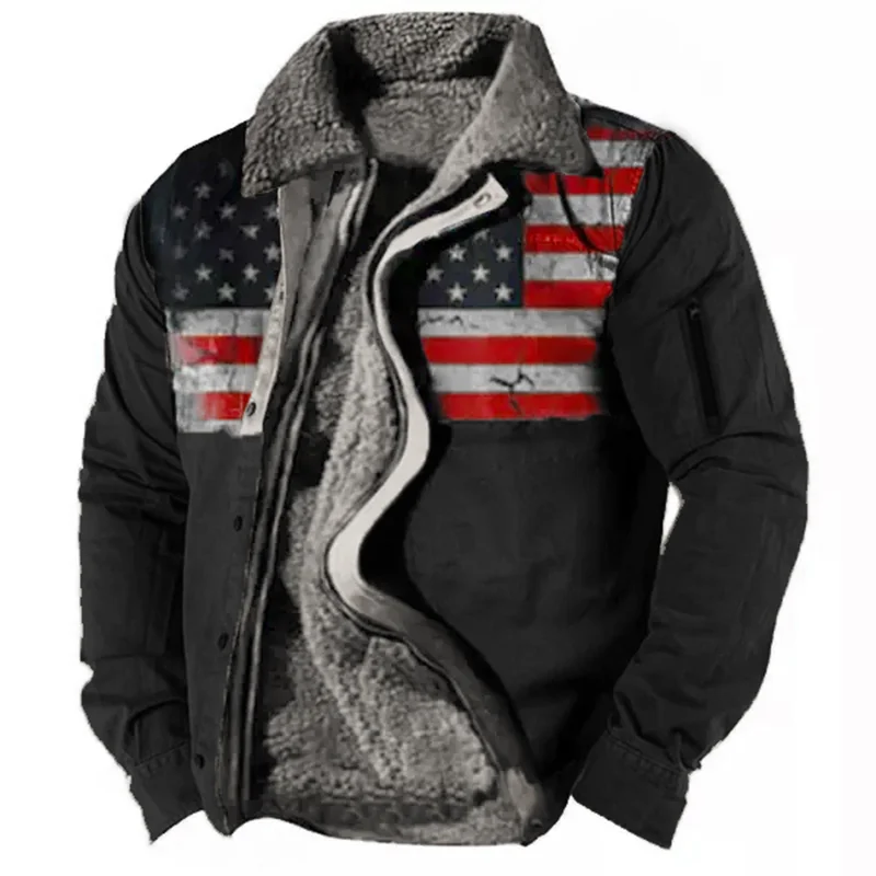 Men Jackets Autumn Winter Casual Fleece Coats American Flag Print Collar Zip Fly Fashion Turn-Down Collar Male Outwear Slim Fit