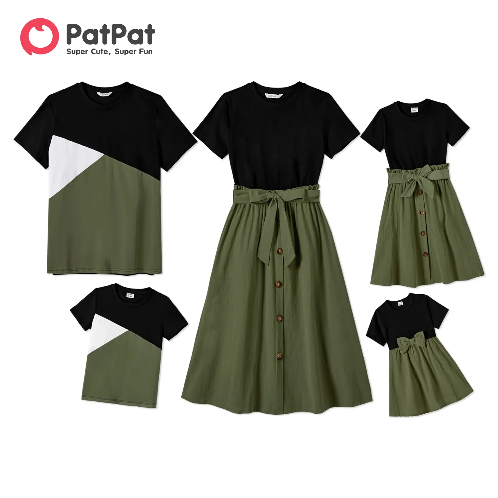 PatPat Family Matching Two Tone Short-sleeve Belted Combo Dresses and Color Block T-shirts Sets