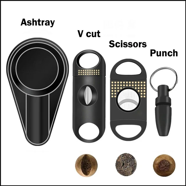 Yellow Classic 4 Cigar Set Cigar Cutter Pocket Ashtray V-Cut Sharp Puro Scissors Guillotine Punch Knife Cuba Cigar Accessories - Image 5