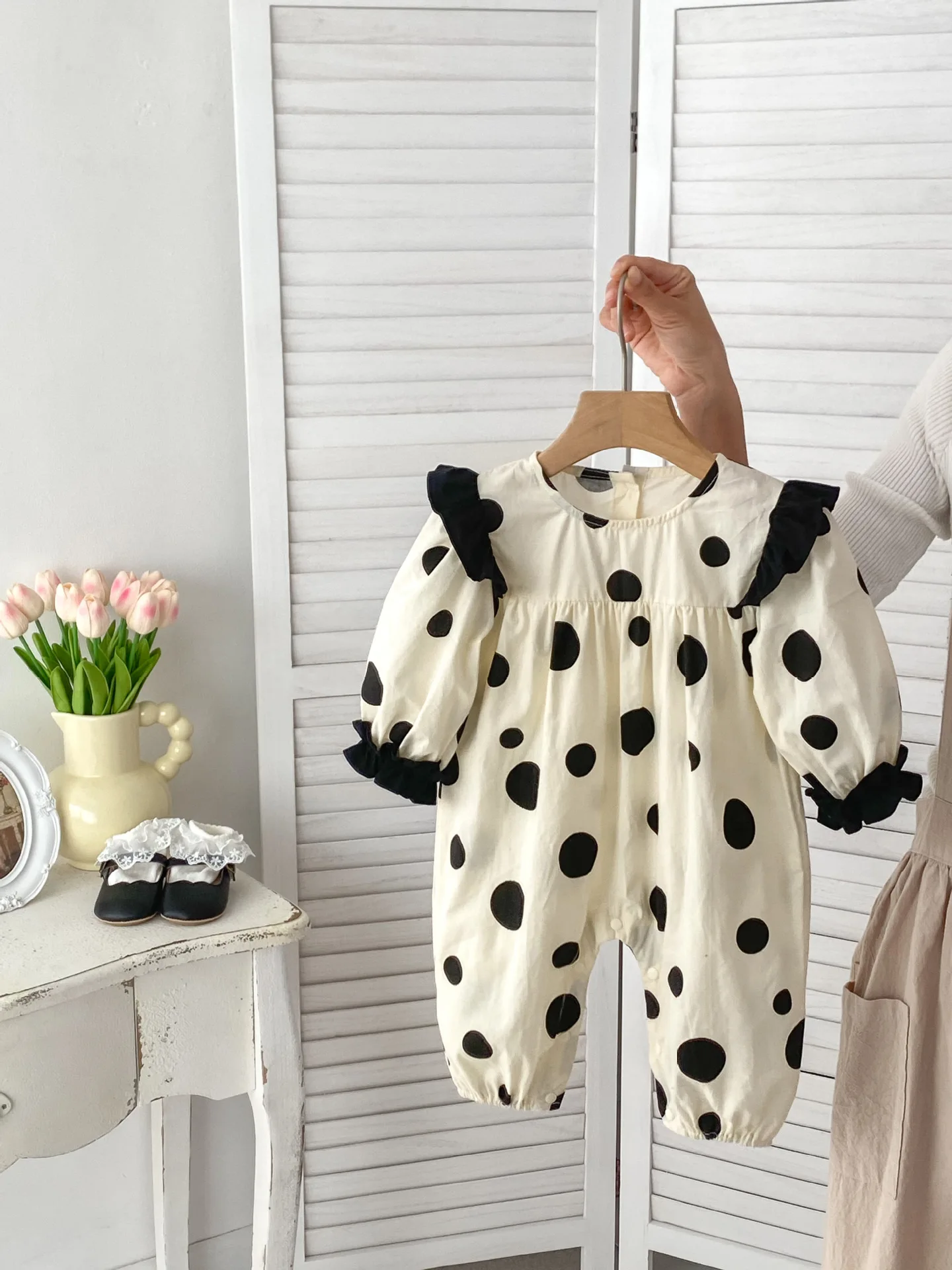 

2024 Spring Baby Girls Polka Dot Romper Toddler Thin Long Sleeve Jumpsuit Cotton Infant Girls Casual Onesie Clothes