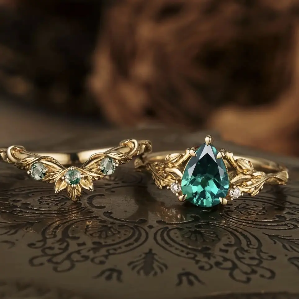 جديد الموضة الأوروبية الأمريكية الأخضر قطرة الماء الزركون خاتم مطلية بالذهب مطلي مع أزواج الماس الأخضر للنساء خاتم بالجملة