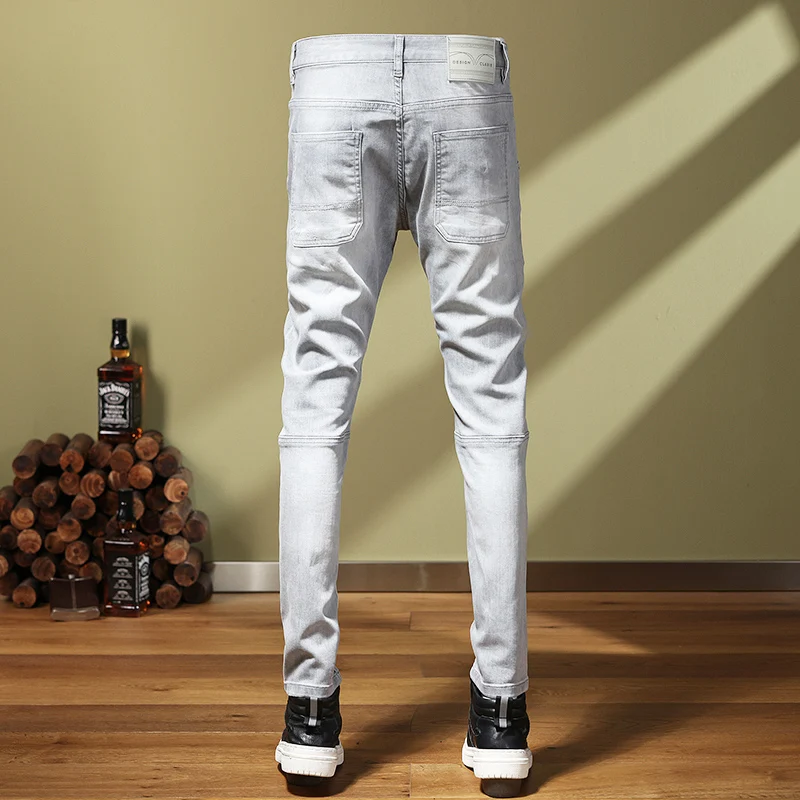 Street Fashion Men Jeans Retro Light Gray Elastic Stretch Skinny Fit Ripped Jeans Men Embroidery Patched Designer Hip Hop Pants