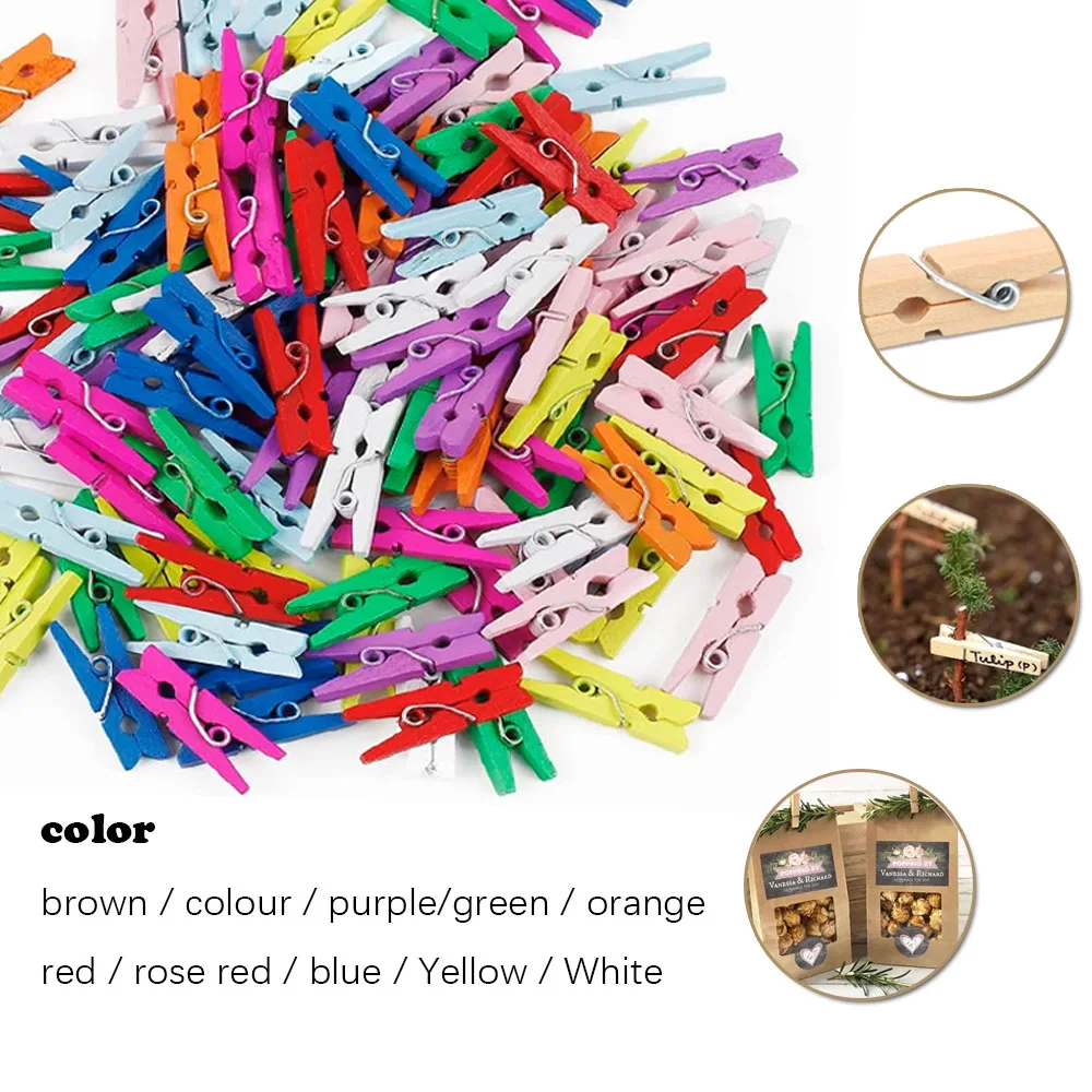Mini Wood Clothespins with Hemp Rope for Crafts and Photo Displays, Pack of 50