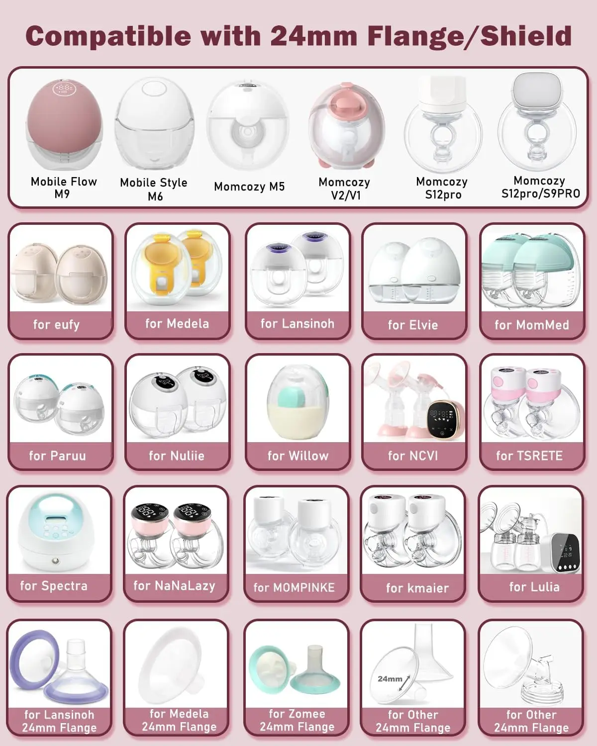 Flange Insert Compatible with Momcozy/Spectra/Medela/Elvie/NCVI/TSRETE/eufy/Lansinoh/XIMYRA Breast Pump 24mm Shields/Flanges 2